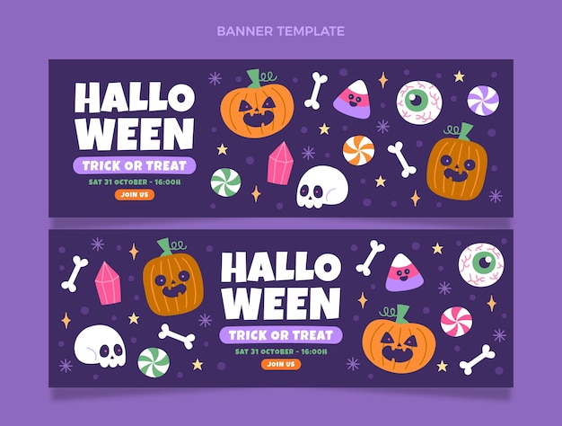 Hand drawn flat halloween horizontal banners set