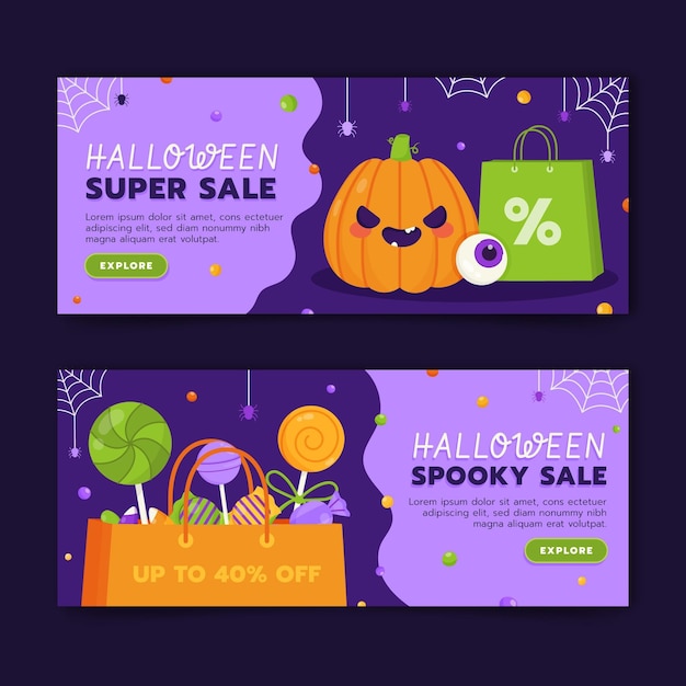 Hand drawn flat halloween horizontal sale banners set