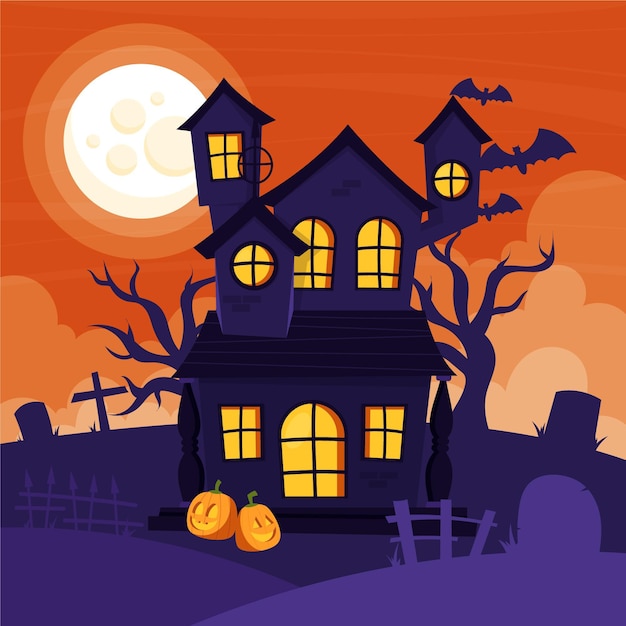 Hand drawn flat halloween house illustration