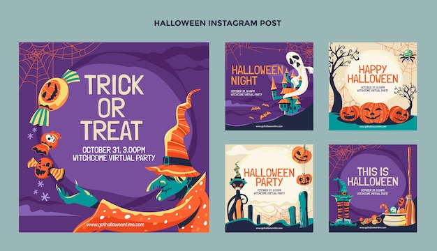 Hand drawn flat halloween instagram posts collection