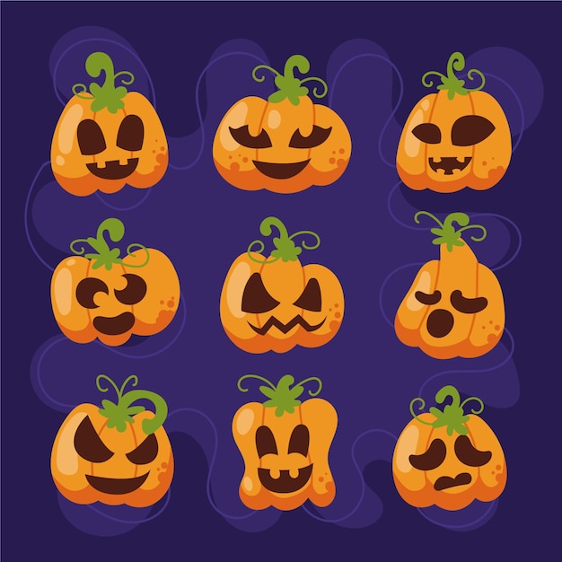 Hand drawn flat halloween pumpkins collection