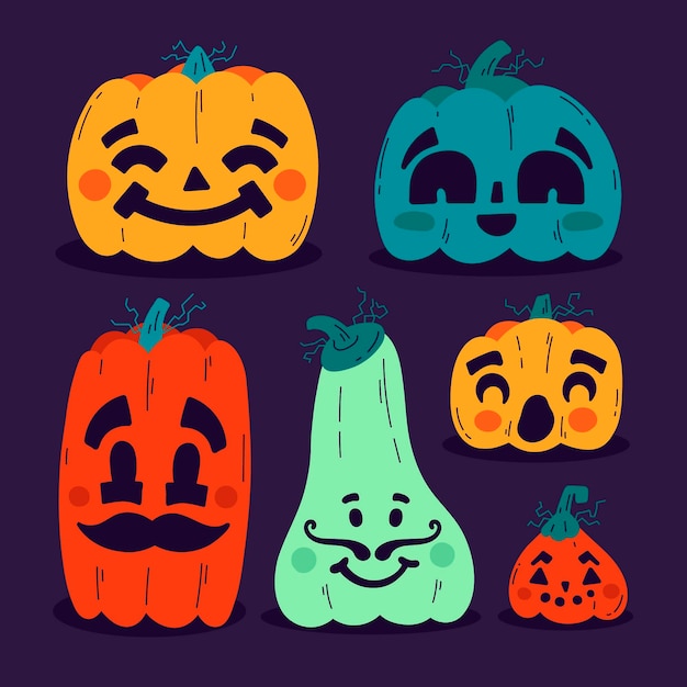 Hand drawn flat halloween pumpkins collection