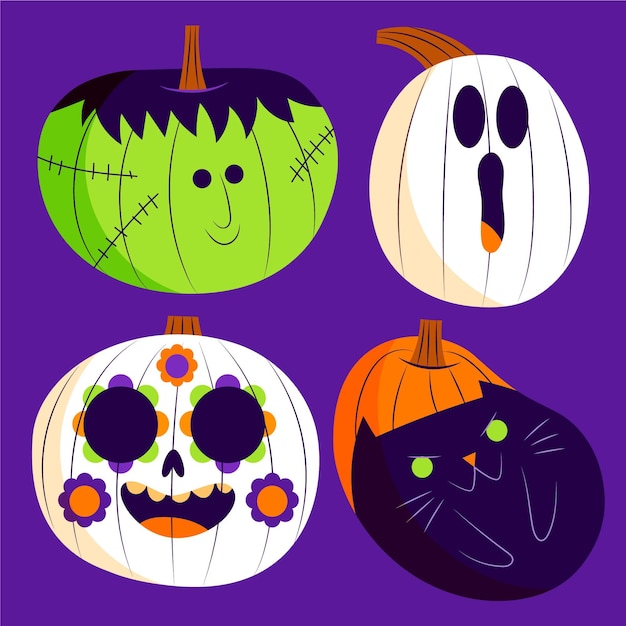 Hand drawn flat halloween pumpkins collection