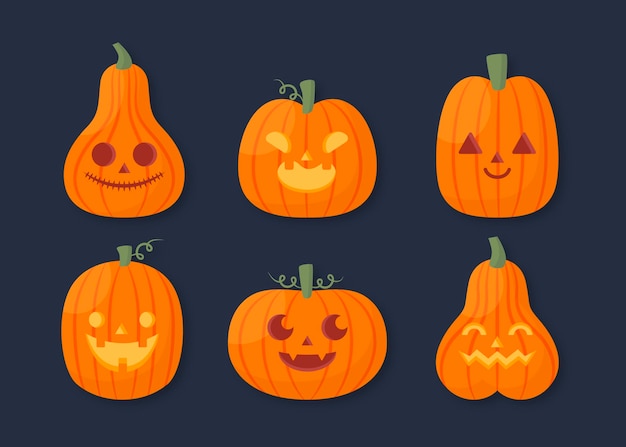 Hand drawn flat halloween pumpkins collection