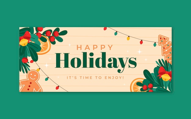 Hand drawn flat happy holidays horizontal banner