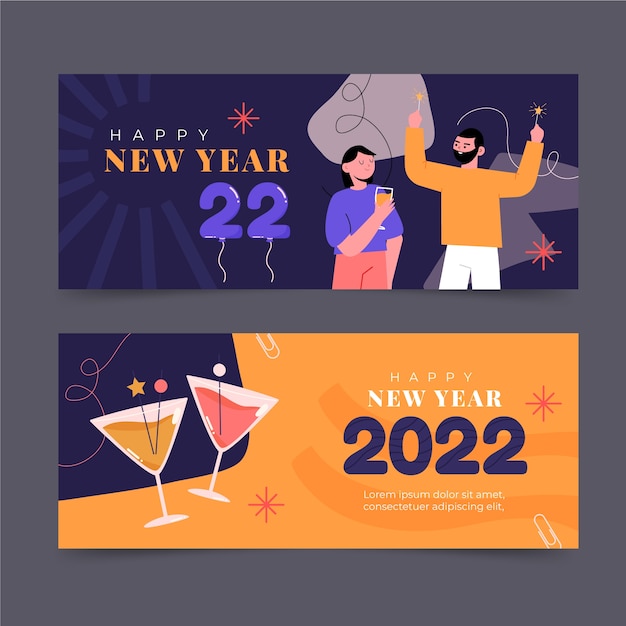 Hand drawn flat happy new year 2022 banners set