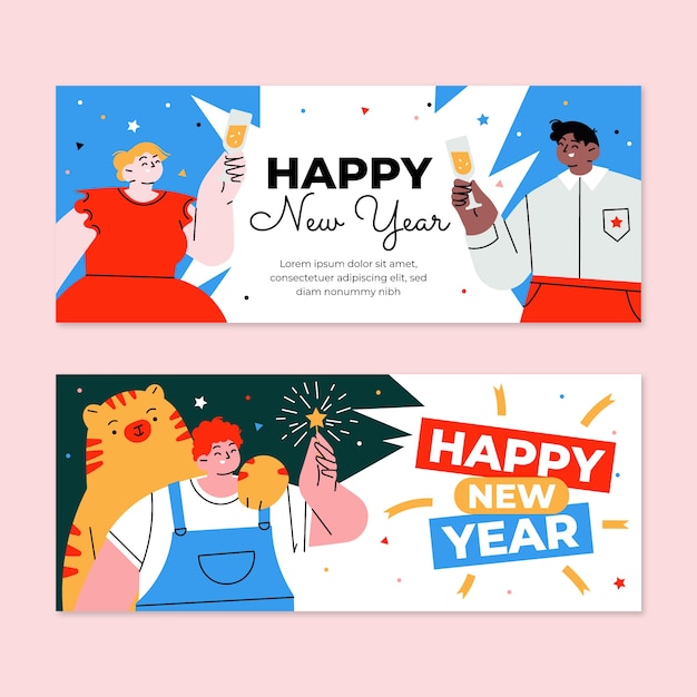 Hand drawn flat happy new year 2022 banners set