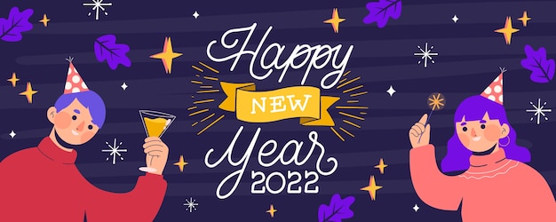 Hand drawn flat happy new year 2022 horizontal banner