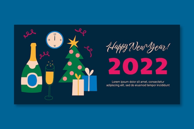 Hand drawn flat happy new year 2022 horizontal banner