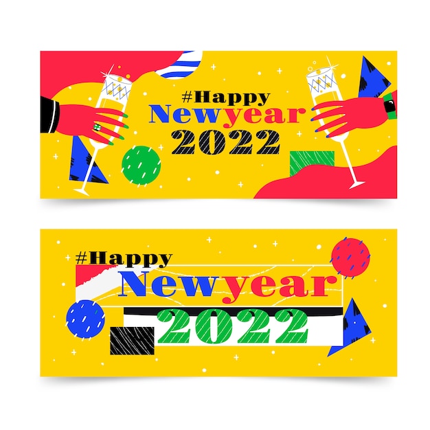 Hand drawn flat happy new year 2022 horizontal banners set