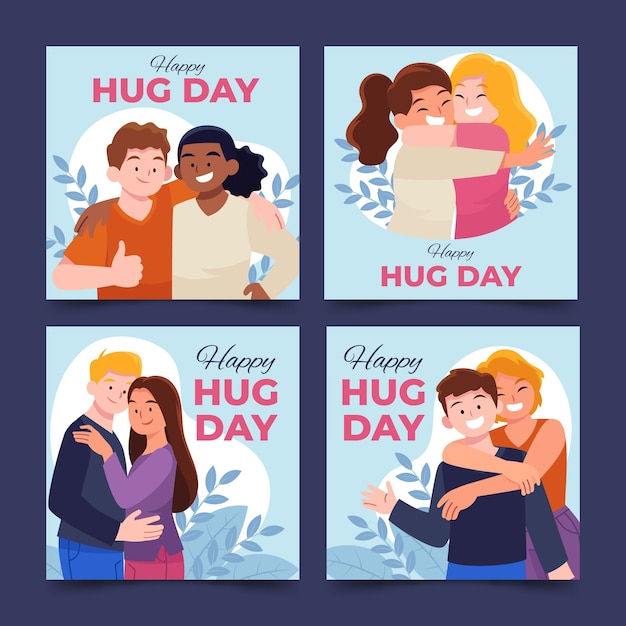 Hand drawn flat hug day instagram posts collection