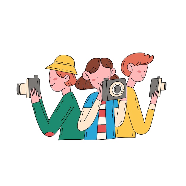 Hand drawn flat illustration in minimal style with people holding cameras and taking a pictures