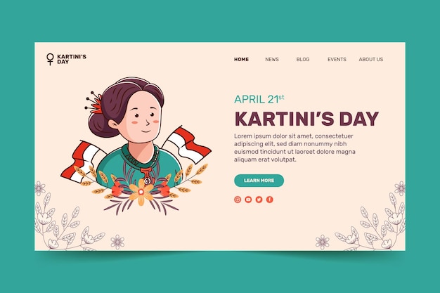 Hand drawn flat kartini day landing page template