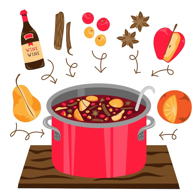 Hand drawn flat mulled wine illustration