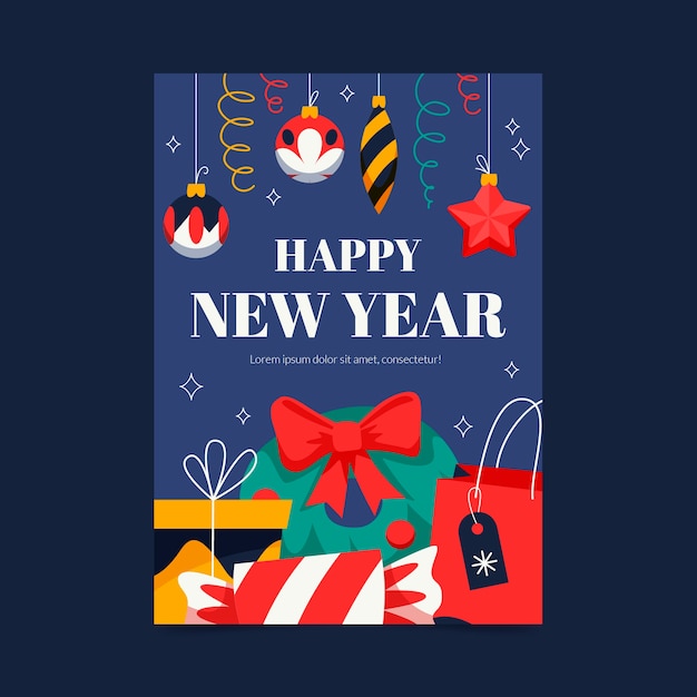 Hand drawn flat new year greeting card template