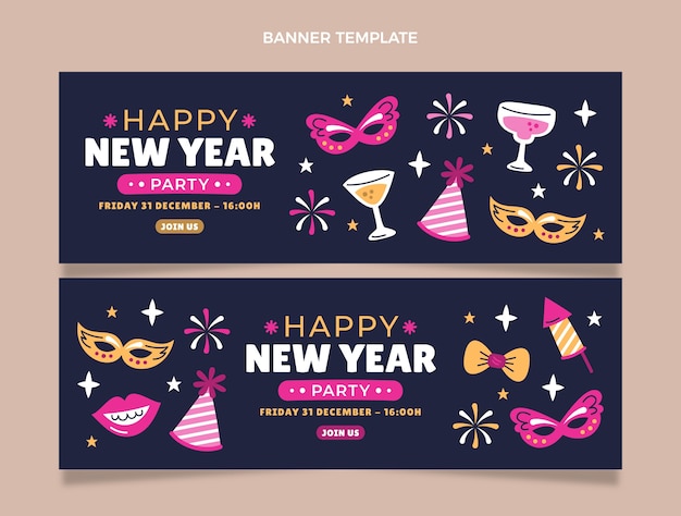 Hand drawn flat new year horizontal banners set