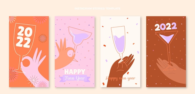 Hand drawn flat new year instagram stories collection