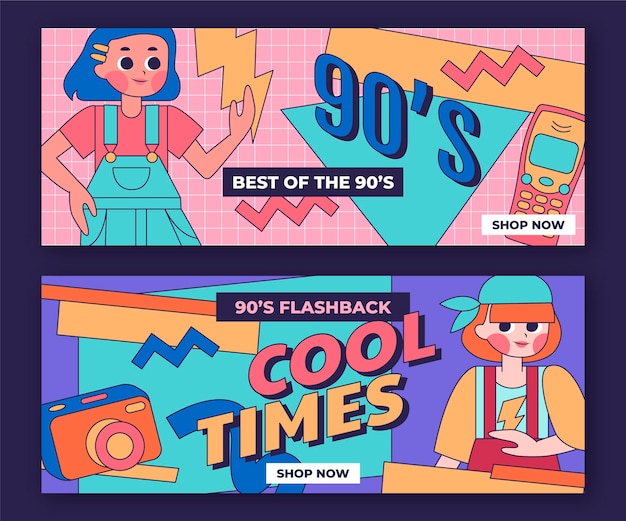 Hand drawn flat nostalgic 90's banners set