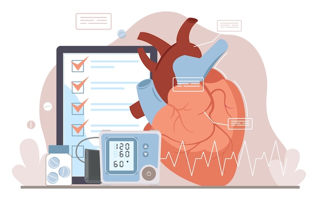 Hand drawn flat organ composition background with an anatomic heart with medical elements