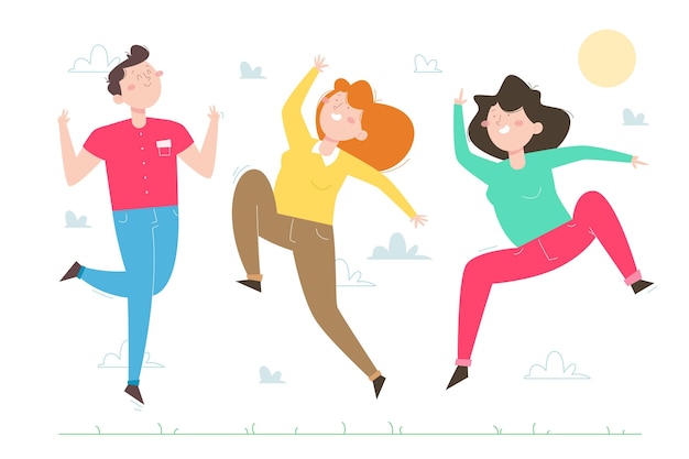 Hand drawn flat people jumping group