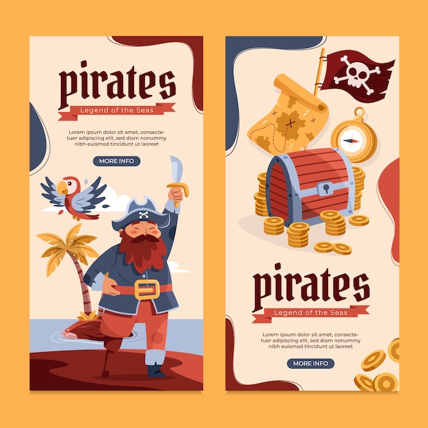 Hand drawn flat pirates vertical banner template set collection