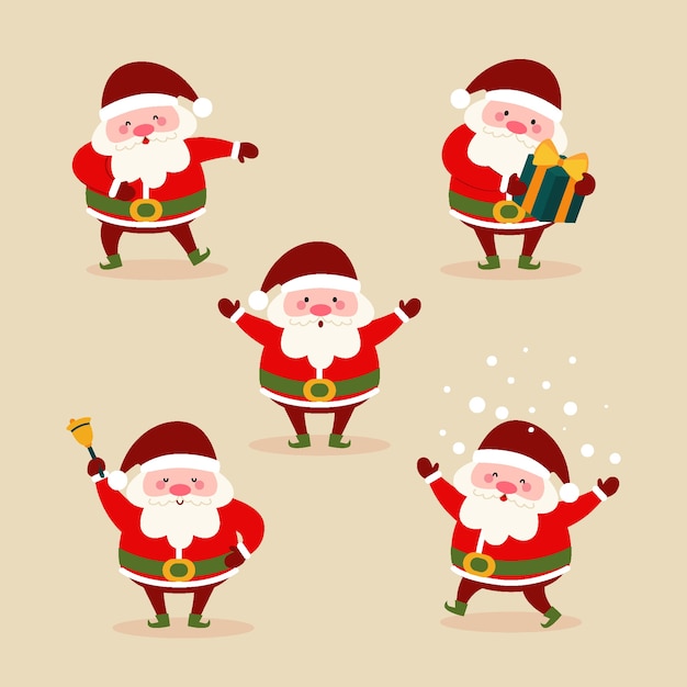 Hand drawn flat santa claus characters collection