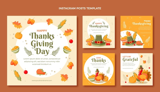 Hand drawn flat thanksgiving instagram posts collection