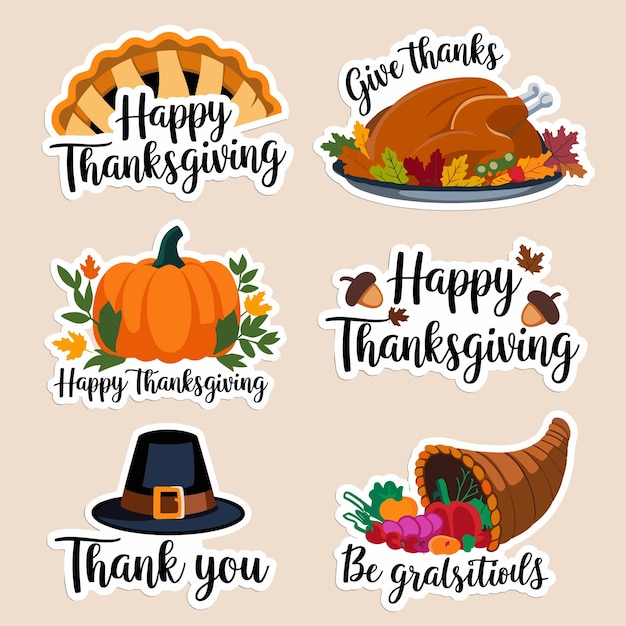 Vector hand drawn flat thanksgiving label badges or sticker collection