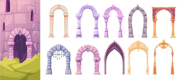 Hand drawn flat types of arches icons with illustration set