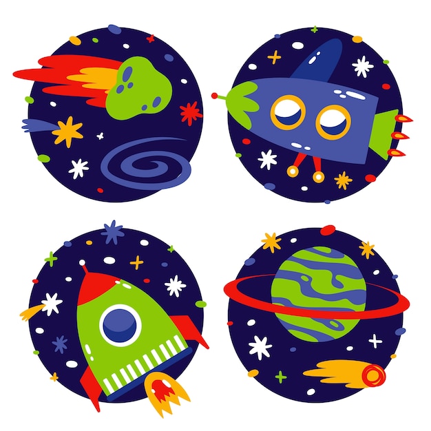 Hand drawn flat universe stickers set