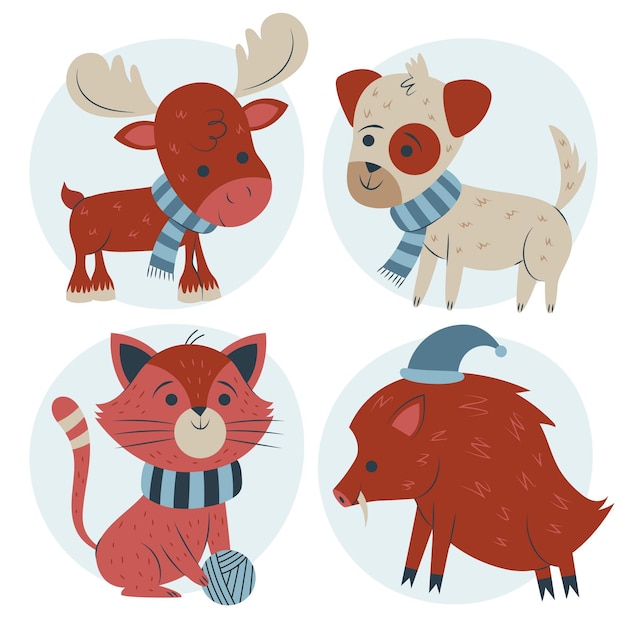 Hand drawn flat winter animals collection