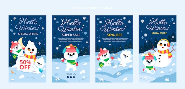 Hand drawn flat winter instagram stories collection