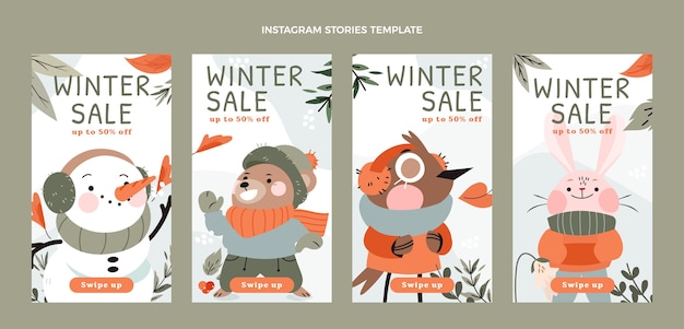 Hand drawn flat winter instagram stories collection