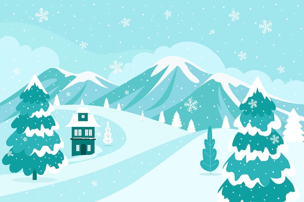 Hand drawn flat winter landscape illustration