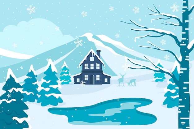 Hand drawn flat winter landscape illustration