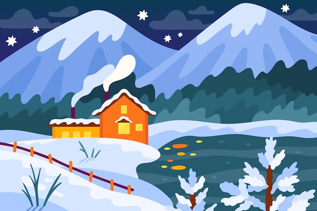 Hand drawn flat winter landscape