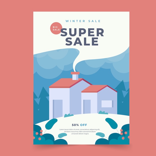 Hand drawn flat winter sale vertical poster template