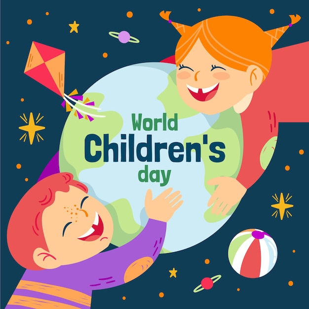 Hand drawn flat world children's day illustration