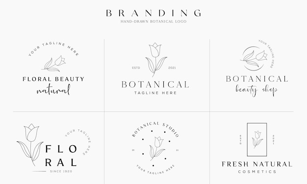 Vector hand drawn floral botanical logo illustration collection for beauty natural organic premium vector