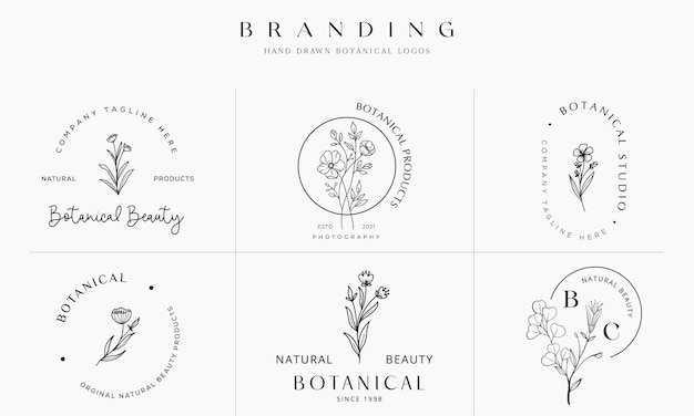 Hand drawn floral botanical logo illustration collection for beauty natural organic Premium Vector