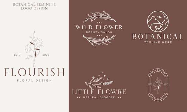 Hand drawn floral botanical logo illustration collection for beauty natural organic Premium Vector