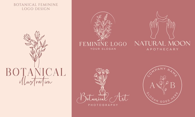 Hand drawn floral botanical logo illustration collection for beauty natural organic Premium Vector