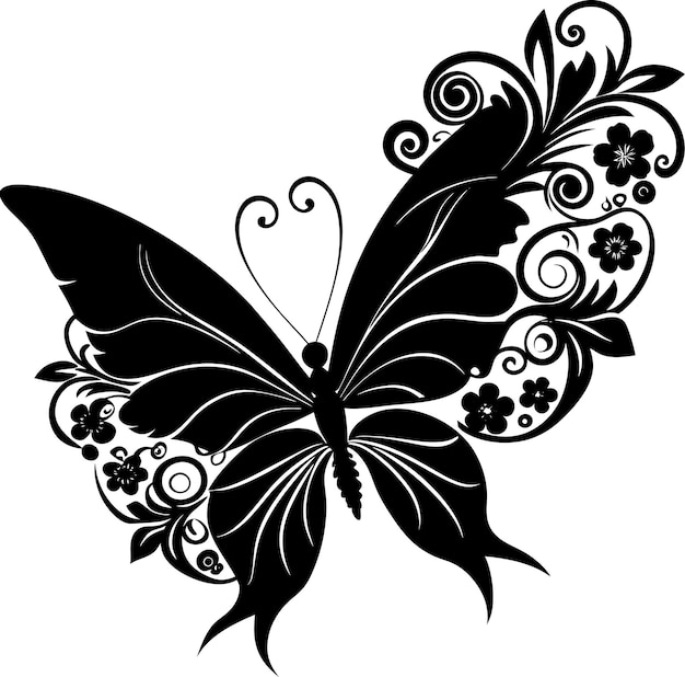 Hand drawn floral butterfly Silhouette flying on white background