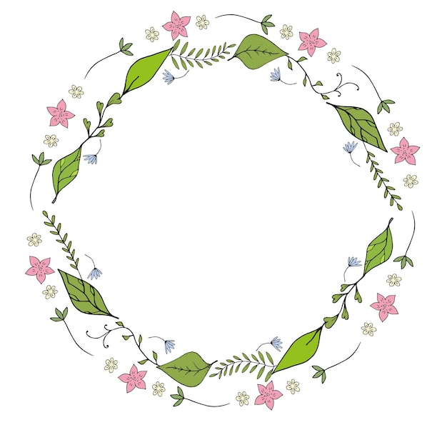 Hand drawn floral elements wreath isolated on white background