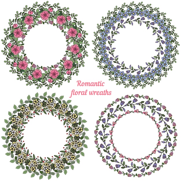 Hand drawn floral frames. Circle natural wreaths