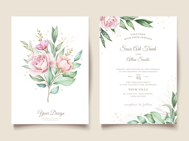 hand drawn floral and leaves wedding invitation card