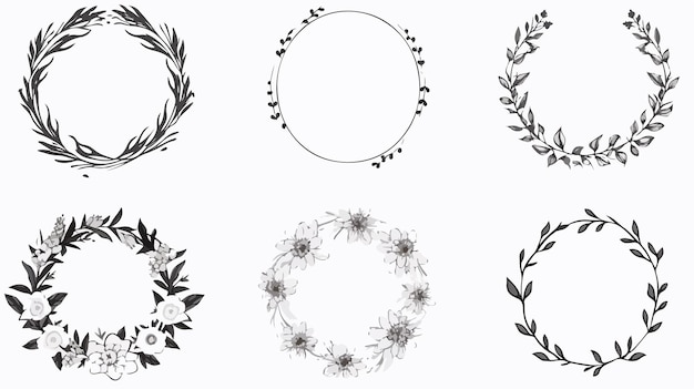 Hand Drawn Floral Round Wreaths Frames Collection