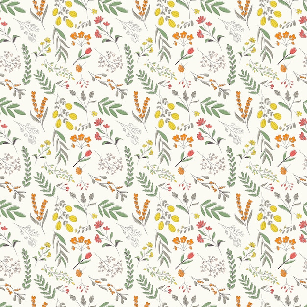 Hand drawn floral seamless pattern, colorful flowers and foliage scattered