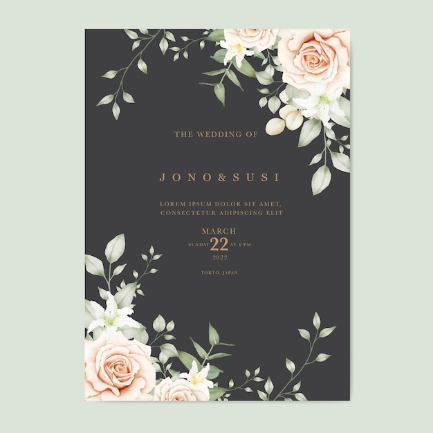 Hand drawn floral wedding invitation card template