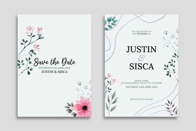 Hand drawn floral wedding invitation template set